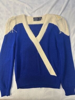 Jennifer Moore Royal Blue V-Neck Wrap Sweater with Cream Trim